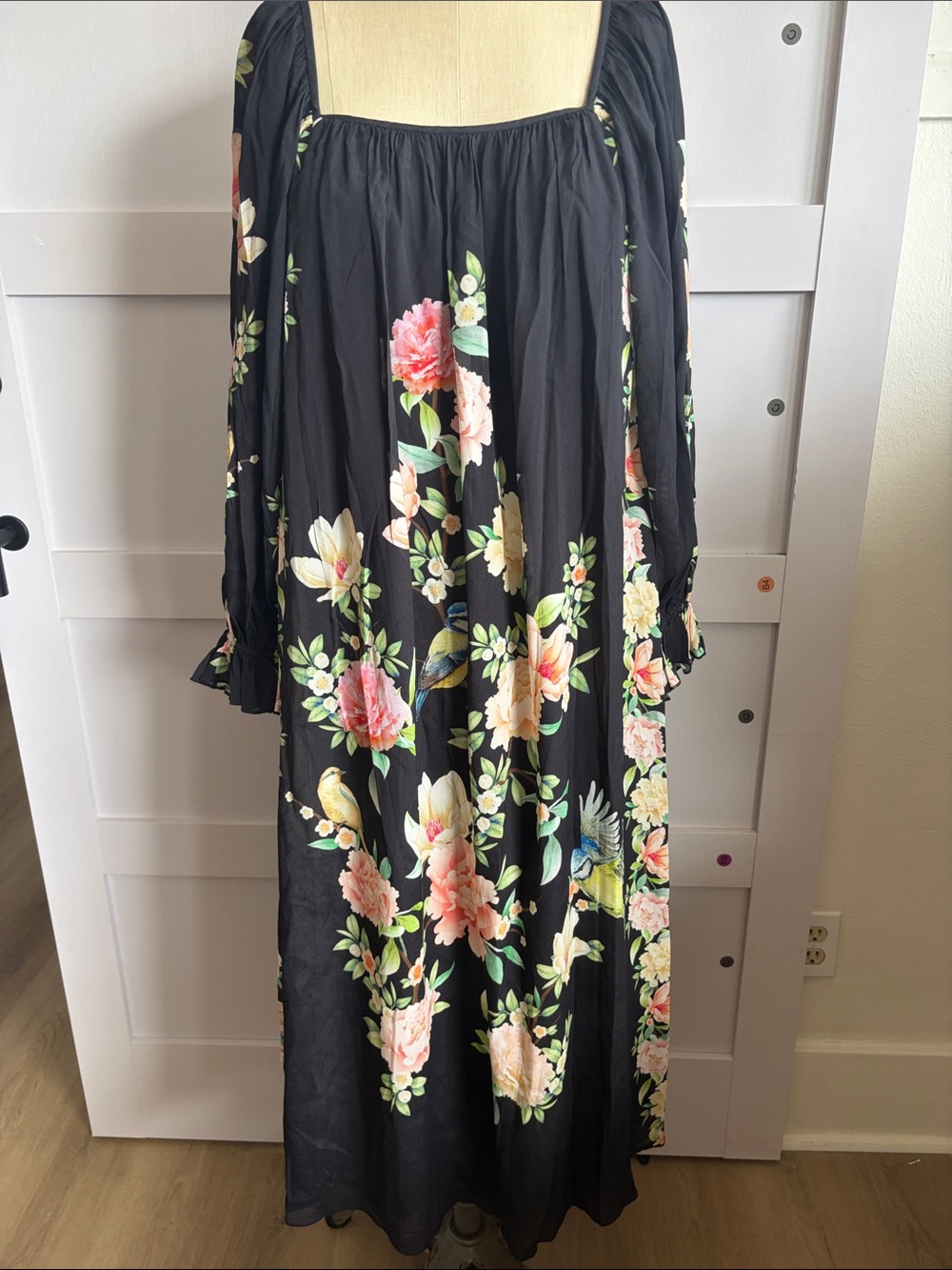 Johnny Was Black Floral Midi Dress with Pink & Cream Flowers